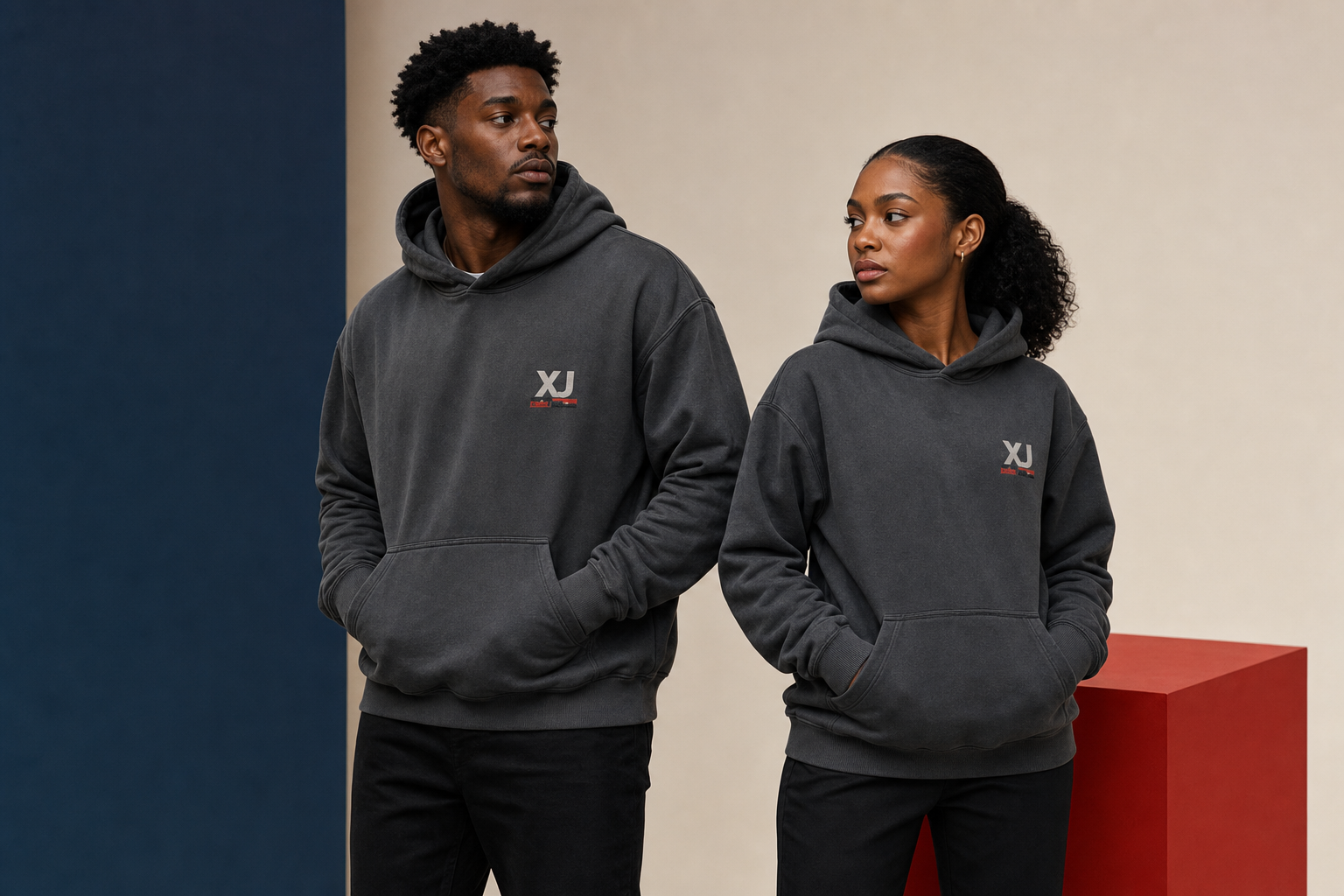 Homme et femme portant le Sweat à capuche XJ gris, vue studio